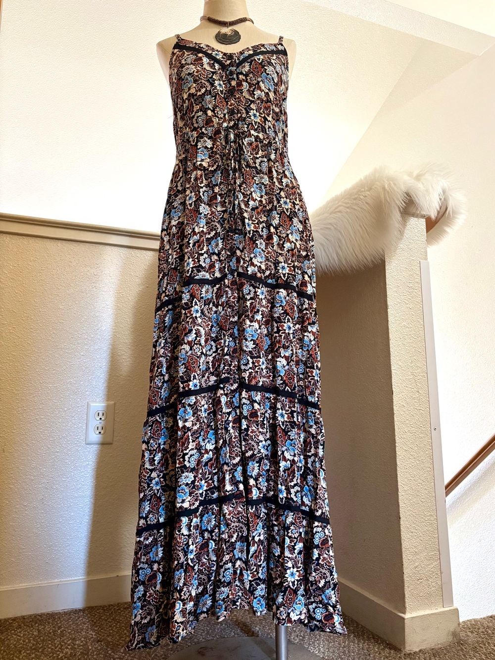 NWT S Idyllwind Black Floral Print Lace Western Maxi Dress